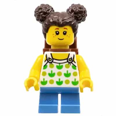 Child - Girl, White Halter Top with Green Apples and Lime Spots, Medium Blue Short Legs, Dark Brown Hair with Buns, Freckles, Reddish Brown Backpack