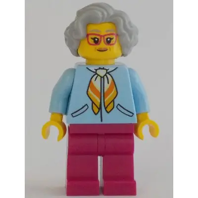 Woman, Bright Light Blue Jacket, Magenta Legs, Light Bluish Gray Hair, Magenta Glasses