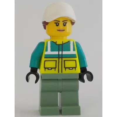 Ambulance Driver - Female, Dark Turquoise and Neon Yellow Safety Vest, Sand Green Legs, White Cap with Reddish Brown Ponytail Hair