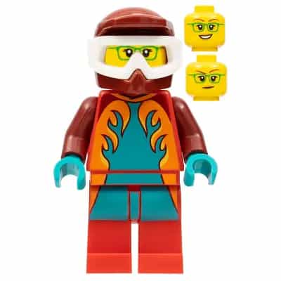Freya McCloud - Stuntz Driver, Dark Red Jumpsuit with Dark Turquoise and Orange Flames, Red Legs, Dark Red Dirt Bike Helmet, White Goggles