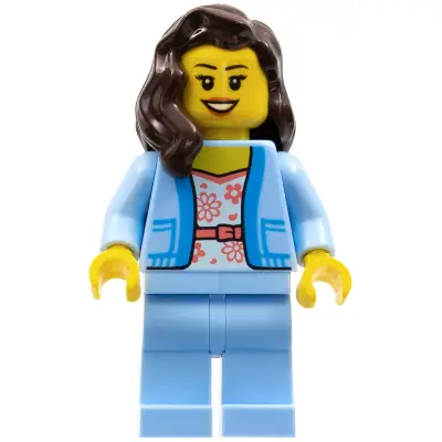 Female - Bright Light Blue Jacket over White Shirt with Coral Flowers, Bright Light Blue Legs, Dark Brown Hair
