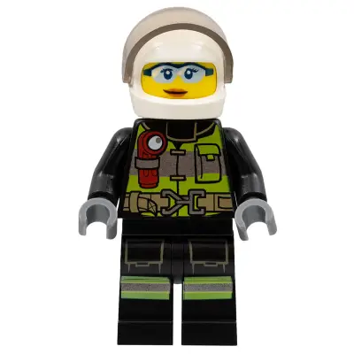 Fire - Reflective Stripes with Utility Belt and Flashlight, White Helmet, Trans-Brown Visor, Safety Glasses, Dark Orange Lips Closed Mouth Smile