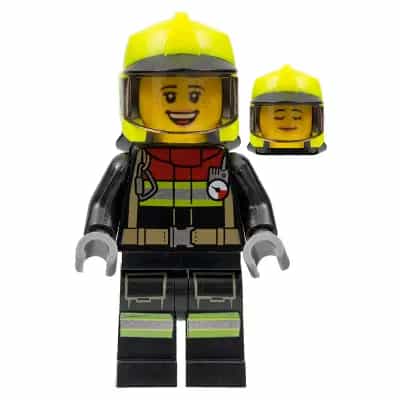 Fire - Female, Black Jacket and Legs with Reflective Stripes and Red Collar, Neon Yellow Fire Helmet, Trans-Brown Visor, Freckles (Sarah Feldman)