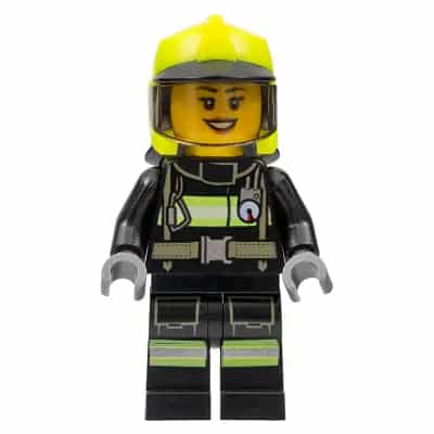 Fire - Female, Black Jacket and Legs with Reflective Stripes, Neon Yellow Fire Helmet, Trans-Brown Visor, Dark Orange Lips