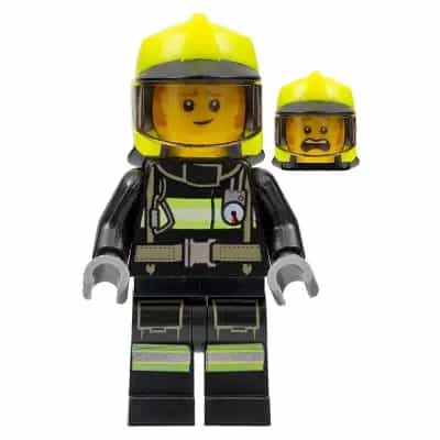 Fire - Fireman Clemmons, Reflective Stripes with Utility Belt, Black Legs, Neon Yellow Fire Helmet, Trans-Brown Visor, Sideburns