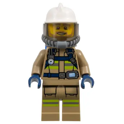 Fire - Reflective Stripes, Dark Tan Suit, White Fire Helmet, Open Mouth with Beard, Breathing Neck Gear with Blue Air Tanks
