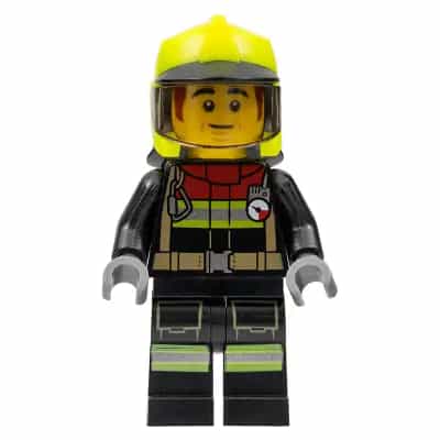 Fire - Male, Black Jacket and Legs with Reflective Stripes and Red Collar, Neon Yellow Fire Helmet, Trans-Brown Visor, Dark Orange Sideburns (Bob)