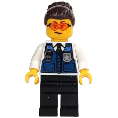 Police - Officer Gracie Goodhart, Dark Blue Vest, Black Legs, Dark Brown Hair with Bun, Safety Glasses
