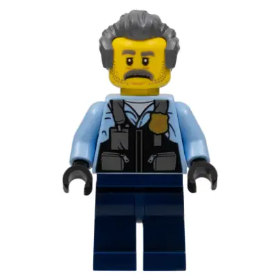 Police - Officer Sam Grizzled, Bright Light Blue Jacket, Dark Blue Legs, Dark Bluish Gray Hair