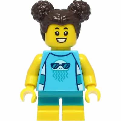 Child - Girl, Medium Azure Sleeveless Jellyfish Shirt, Dark Turquoise Short Legs, Dark Brown Hair with Buns