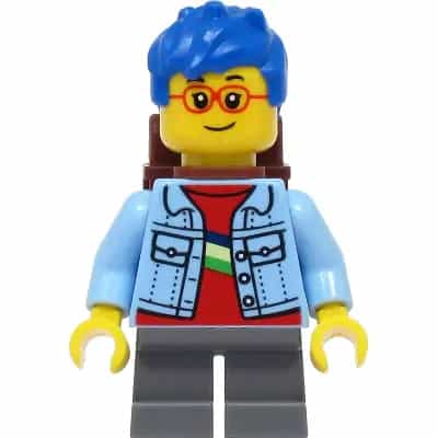 Child - Girl, Bright Light Blue Denim Jacket, Dark Bluish Gray Short Legs, Blue Messy Hair, Reddish Brown Backpack