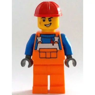 Construction Worker - Male, Orange Overalls with Reflective Stripe and Buckles over Blue Shirt, Orange Legs, Red Construction Helmet, Lopsided Smile