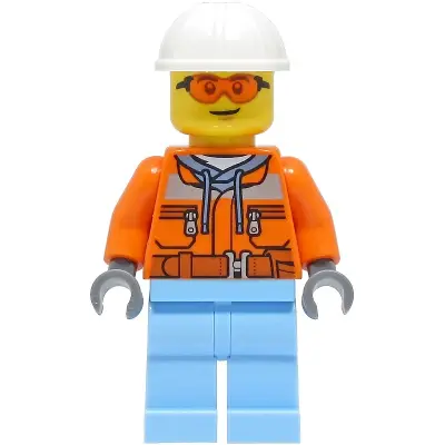 Construction Worker - Male, Orange Safety Jacket, Reflective Stripe, Sand Blue Hoodie, Bright Light Blue Legs, White Construction Helmet, Safety Glasses
