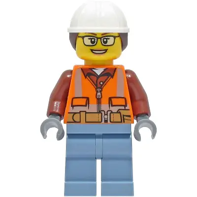 Construction Worker - Female, Orange Safety Vest, Reflective Stripes, Reddish Brown Shirt, Sand Blue Legs, White Construction Helmet with Dark Brown Ponytail Hair, Glasses