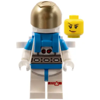 Lunar Research Astronaut - Female, White and Dark Azure Suit, White Helmet, Metallic Gold Visor, Backpack Clips, Smirk