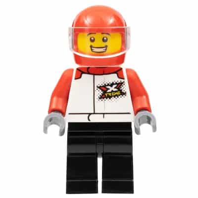 Motorcycle Driver - Male, White and Red Racing Suit with 'XTREME' Logo, Black Legs, Red Helmet, Trans-Clear Visor