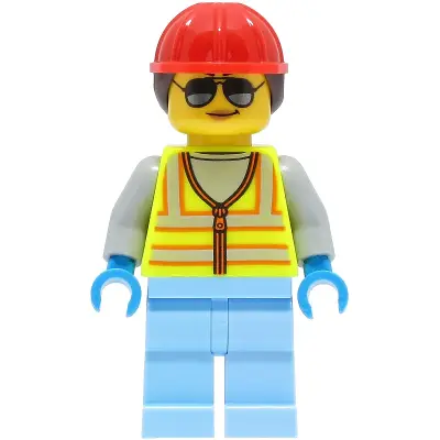 Space Engineer - Female, Neon Yellow Safety Vest with Reflective Stripes, Bright Light Blue Legs, Red Construction Helmet with Dark Brown Ponytail Hair, Sunglasses