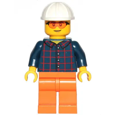 Construction Worker - Male, Dark Blue Plaid Button Shirt, Orange Legs, White Construction Helmet, Safety Glasses