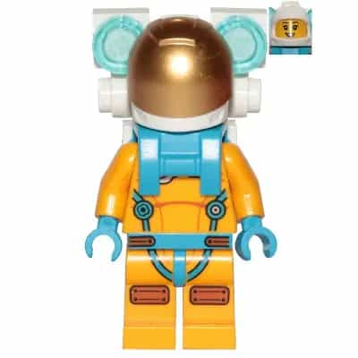 Lunar Research Astronaut - Female, Bright Light Orange and Dark Azure Suit, White Helmet, Metallic Gold Visor, Backpack Lights