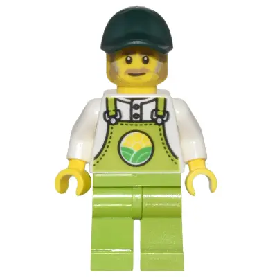 Farmer Horace - Lime Overalls over White Shirt, Lime Legs, Dark Green Cap, Dark Tan Moustache and Sideburns