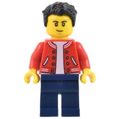 Man - Red Jacket, Dark Blue Legs, Black Hair, Smirk and Cheek Lines