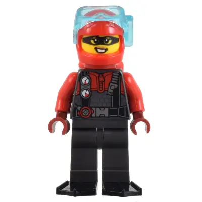 Police - Crook, Female, Red and Pearl Dark Gray Diving Suit, Black Flippers, Red Helmet and Air Tanks, Trans-Light Blue Diver Mask (Betsy Bass)