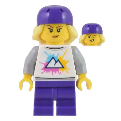 Electric Scooter Rider - Female, White Shirt with Mountains Logo, Dark Purple Medium Legs, Dark Purple Bicycle Helmet with Bright Light Yellow Hair, Freckles