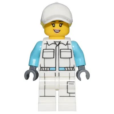 Electric Scooter Attendant - Female, White Jumpsuit with Pockets, White Legs with Pocket, White Cap with Bright Light Yellow Ponytail Hair