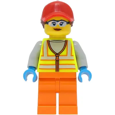 Reach Stacker Driver - Female, Neon Yellow Safety Vest with Reflective Stripes, Orange Legs, Red Ball Cap with Reddish Brown Ponytail