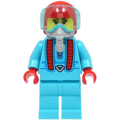 Stuntz Driver - Female, Medium Azure Jumpsuit and Legs, Red Helmet, Trans-Light Blue Visor, Light Bluish Gray Oxygen Mask