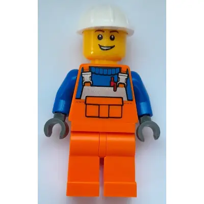 Construction Worker - Male, Orange Overalls with Reflective Stripe and Buckles over Blue Shirt, Orange Legs, White Construction Helmet, Open Lopsided Grin