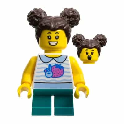 Child - Girl, White Collared Shirt with Fruit, Dark Turquoise Short Legs, Dark Brown Hair with Buns