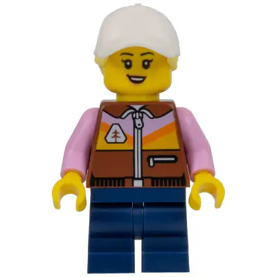 Dirt Bike Rider - Female, Reddish Brown Jacket, Dark Blue Medium Legs, White Cap with Bright Light Yellow Ponytail Hair