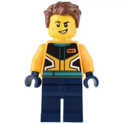 Custom Car Garage Driver - Male, Bright Light Orange Racing Jacket, Dark Blue Legs, Reddish Brown Hair