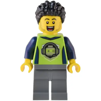 Gaming Tournament Announcer - Male, Lime T-Shirt with Gaming Logo, Dark Bluish Gray Legs, Black Hair