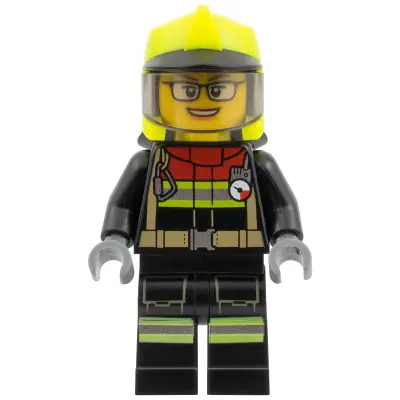 Fire - Female, Black Jacket and Legs with Reflective Stripes and Red Collar, Neon Yellow Fire Helmet, Trans-Brown Visor, Glasses