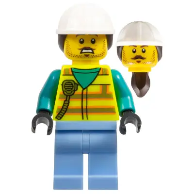 Utility Worker - Male, Neon Yellow Safety Vest with Radio, Bright Light Blue Legs, White Construction Helmet with Dark Brown Ponytail Hair, Moustache, Stubble