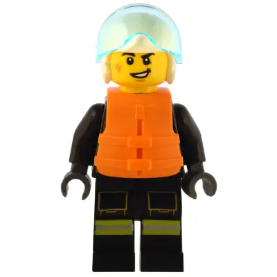Fire - Male, Black Jacket and Legs with Reflective Stripes and Red Collar, White Helmet, Trans-Light Blue Visor, Orange Life Jacket
