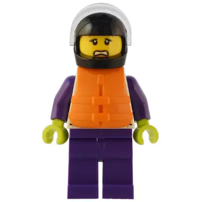 Speedboat Raft Driver - Female, White Jacket with Dolphin, Dark Purple Legs, Black Helmet, Trans-Clear Visor, Orange Life Jacket