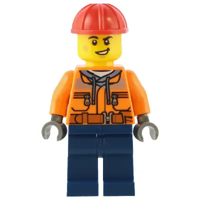 Construction Worker - Male, Orange Safety Jacket, Reflective Stripe, Sand Blue Hoodie, Dark Blue Legs, Red Construction Helmet