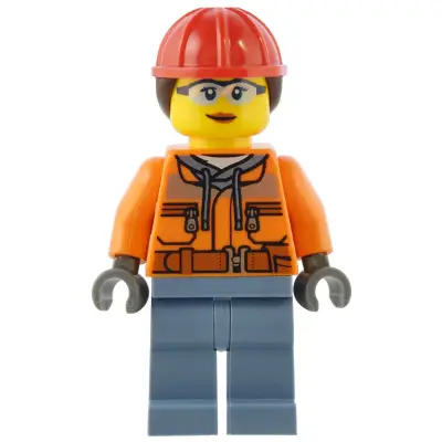 Construction Worker - Female, Orange Safety Jacket, Reflective Stripe, Sand Blue Hoodie, Sand Blue Legs, Red Construction Helmet with Dark Brown Ponytail Hair