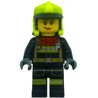 Fire - Female, Black Jacket and Legs with Reflective Stripes and Red Collar, Neon Yellow Fire Helmet, No Visor