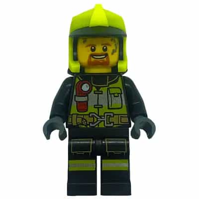 Fire - Reflective Stripes with Utility Belt and Flashlight, Neon Yellow Fire Helmet, Dark Orange Moustache and Goatee, Splotches