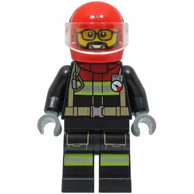 Fire - Male, Black Jacket and Legs with Reflective Stripes and Red Collar, Red Helmet, Trans-Clear Visor