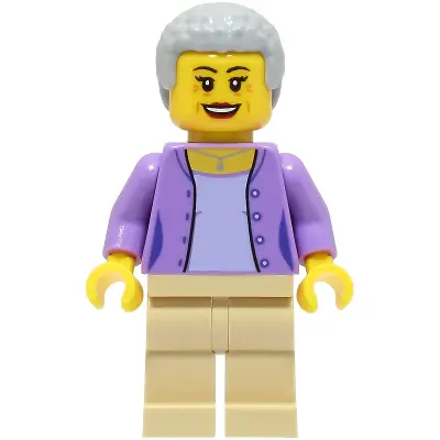 Woman - Medium Lavender Jacket over Lavender Shirt, Tan Legs, Light Bluish Gray Hair