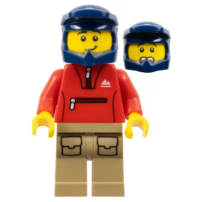 Mountain Bike Cyclist - Male, Red Tracksuit, Dark Tan Legs with Pockets, Dark Blue Dirt Bike Helmet, Lopsided Smile