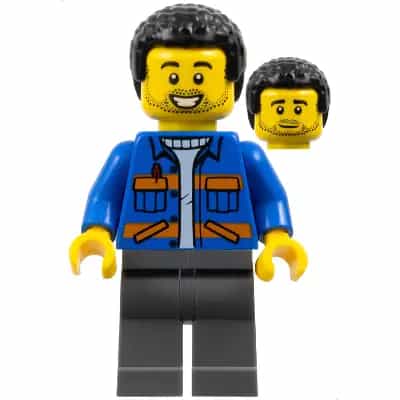 Lawn Mower Operator - Male, Blue Jacket with Diagonal Lower Pockets and Orange Stripes, Dark Bluish Gray Legs, Black Coiled Hair, Stubble