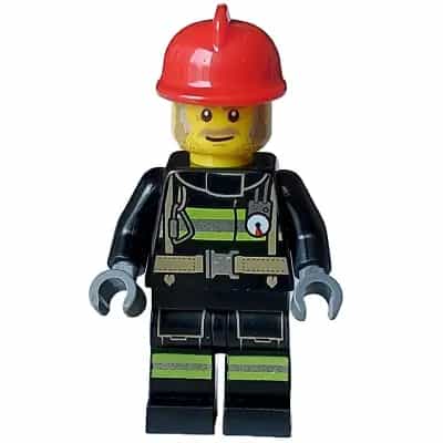Fire - Male, Reflective Stripes with Utility Belt, Red Fire Helmet, Dark Tan and Light Bluish Gray Sideburns