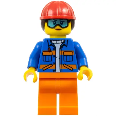 Construction Worker - Female, Blue Jacket with Diagonal Lower Pockets and Orange Stripes, Orange Legs, Red Construction Helmet with Dark Brown Ponytail Hair, Goggles