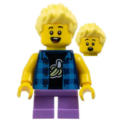 Child - Boy, Flannel Vest over Shirt with Banana, Medium Lavender Short Legs, Bright Light Yellow Spiked Hair